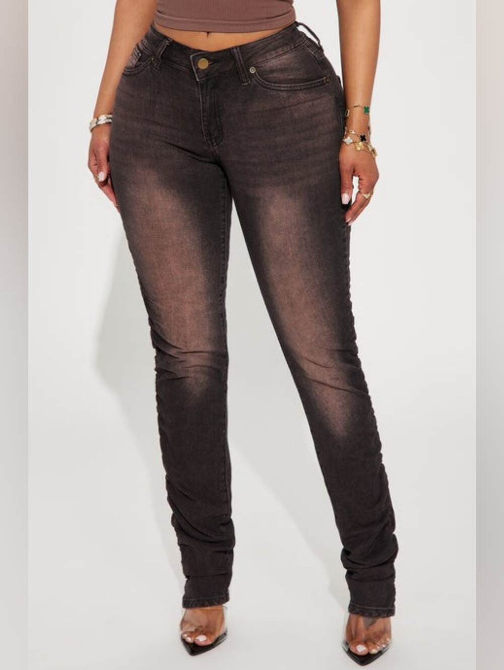 Low Rise Mocha Tinted Stacked Stretch Skinny Jeans 28